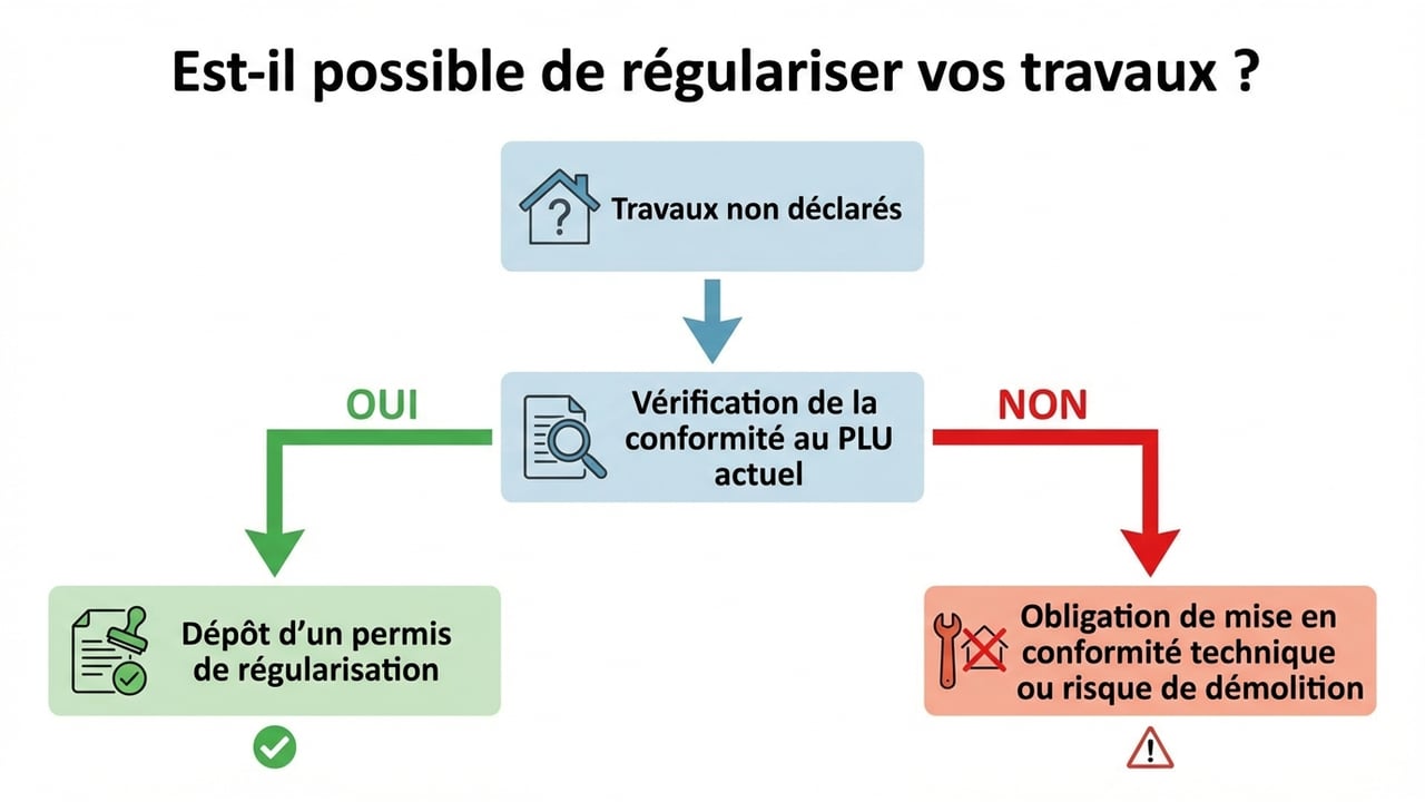 Arbre de décision pour évaluer la possibilité de régularisation administrative de travaux non déclarés selon le PLU.