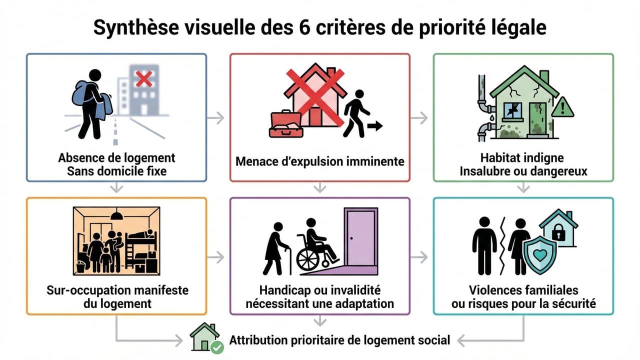 Infographie présentant les 6 catégories prioritaires : absence de logement, menace d'expulsion, habitat indigne, sur-occupation, handicap et violences familiales.