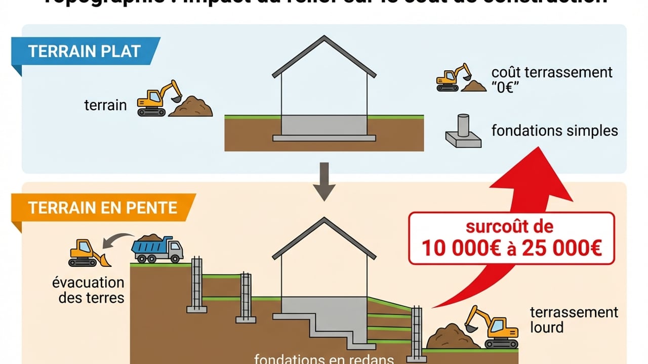 Comparaison visuelle entre un terrain plat (fondations standards) et un terrain en pente (murs de soutènement et terrassement lourd).