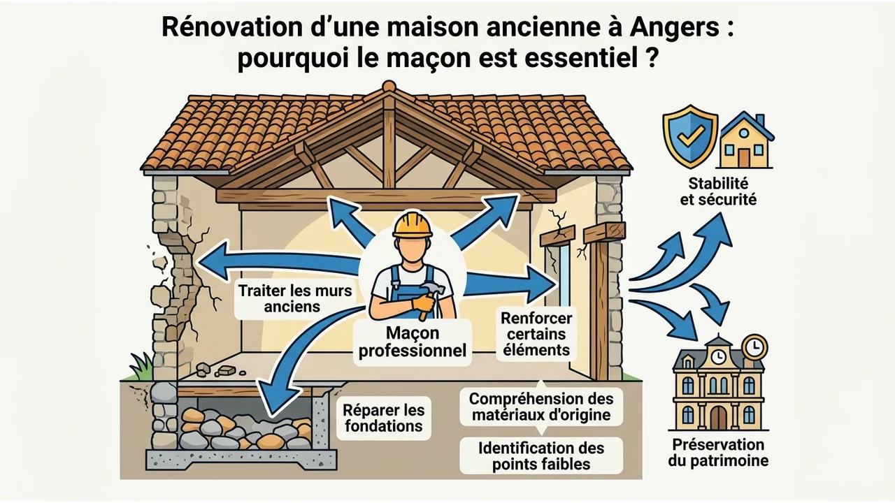 Schéma technique montrant les points de vigilance sur une maison ancienne : murs porteurs, fondations et joints en tuffeau ou schiste.