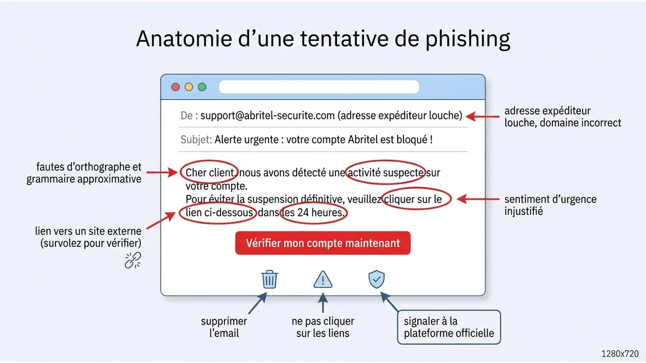 Infographie illustrant les éléments suspects d'un message ou email frauduleux se faisant passer pour Abritel