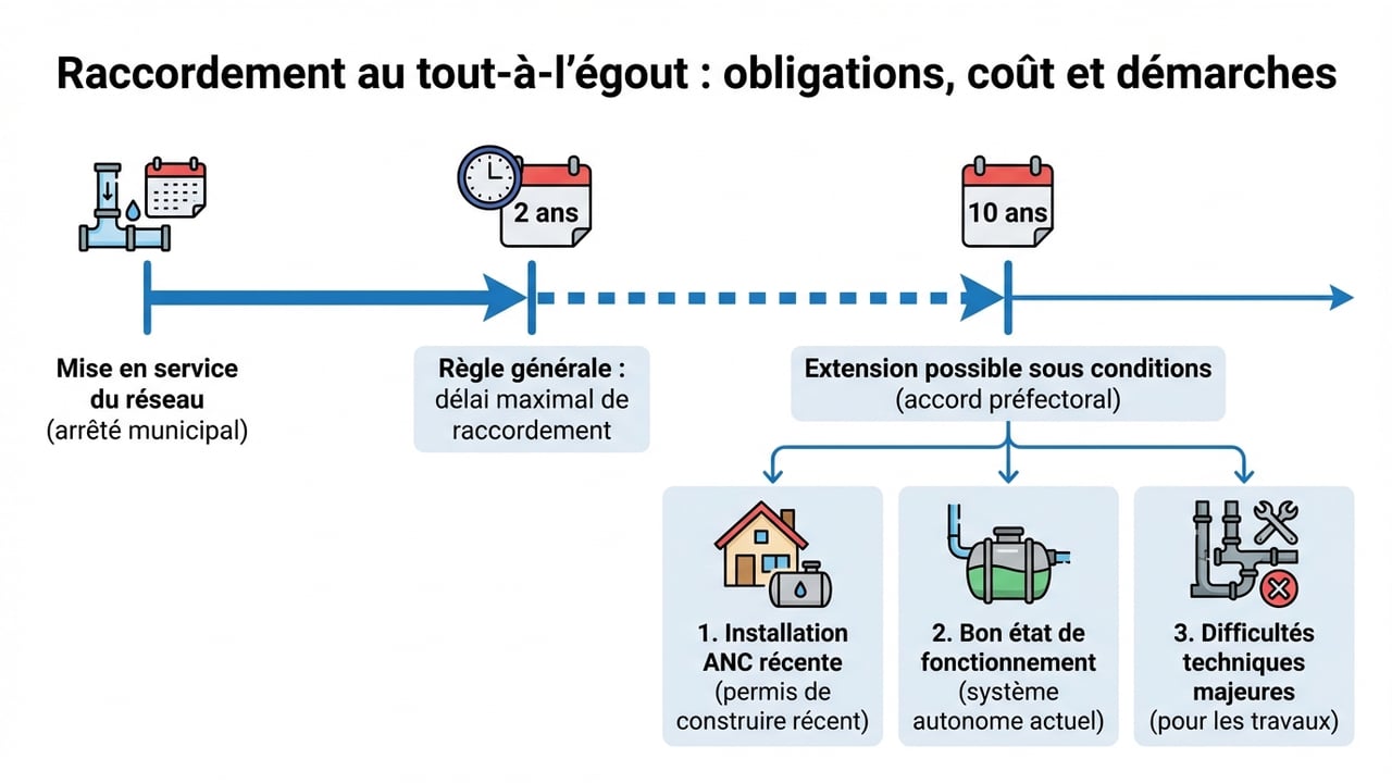 Frise chronologique illustrant le délai légal de 2 ans pour se raccorder et les conditions d'extension à 10 ans.