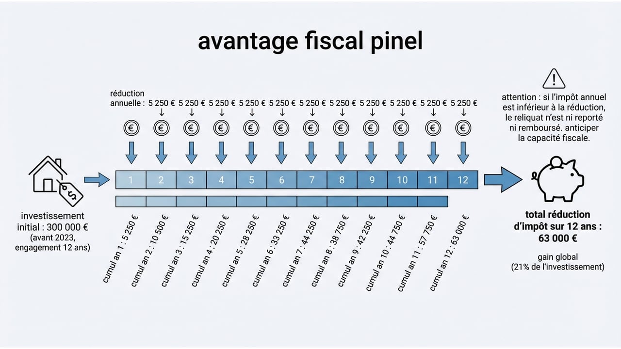 Diagramme de flux montrant un investissement de 300 000€ générant 5 250€ de réduction d'impôt annuelle pendant 12 ans.