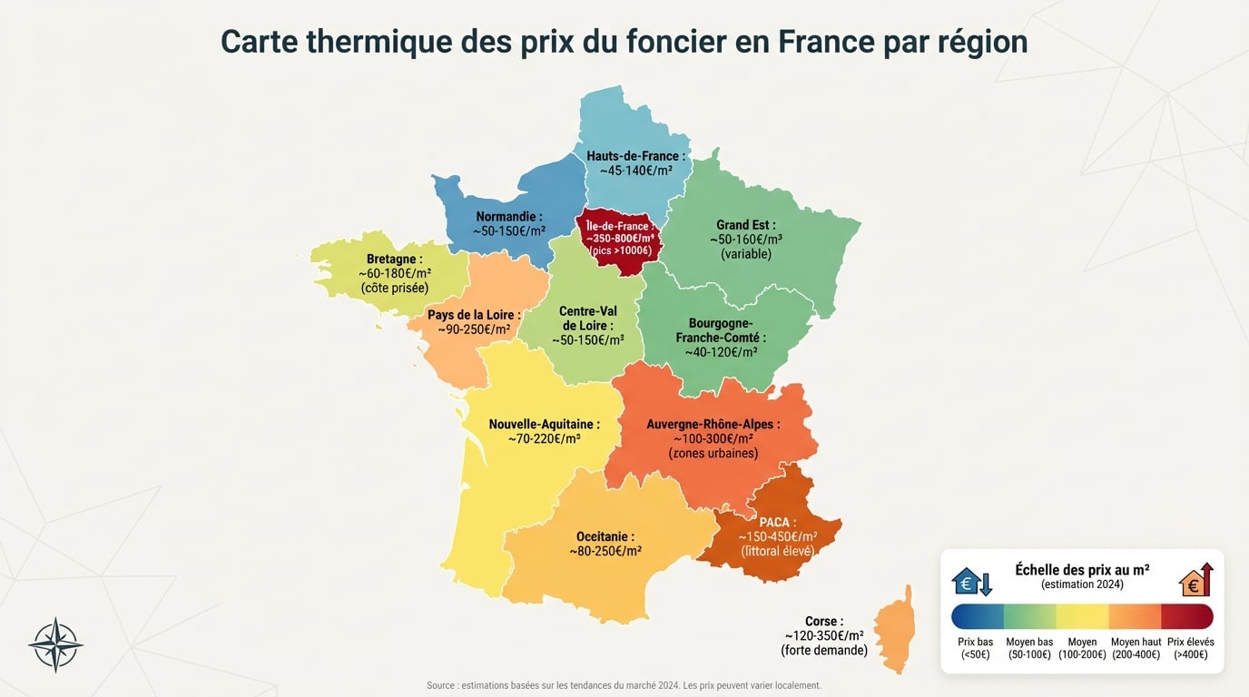 Carte thermique des prix du foncier en France par région