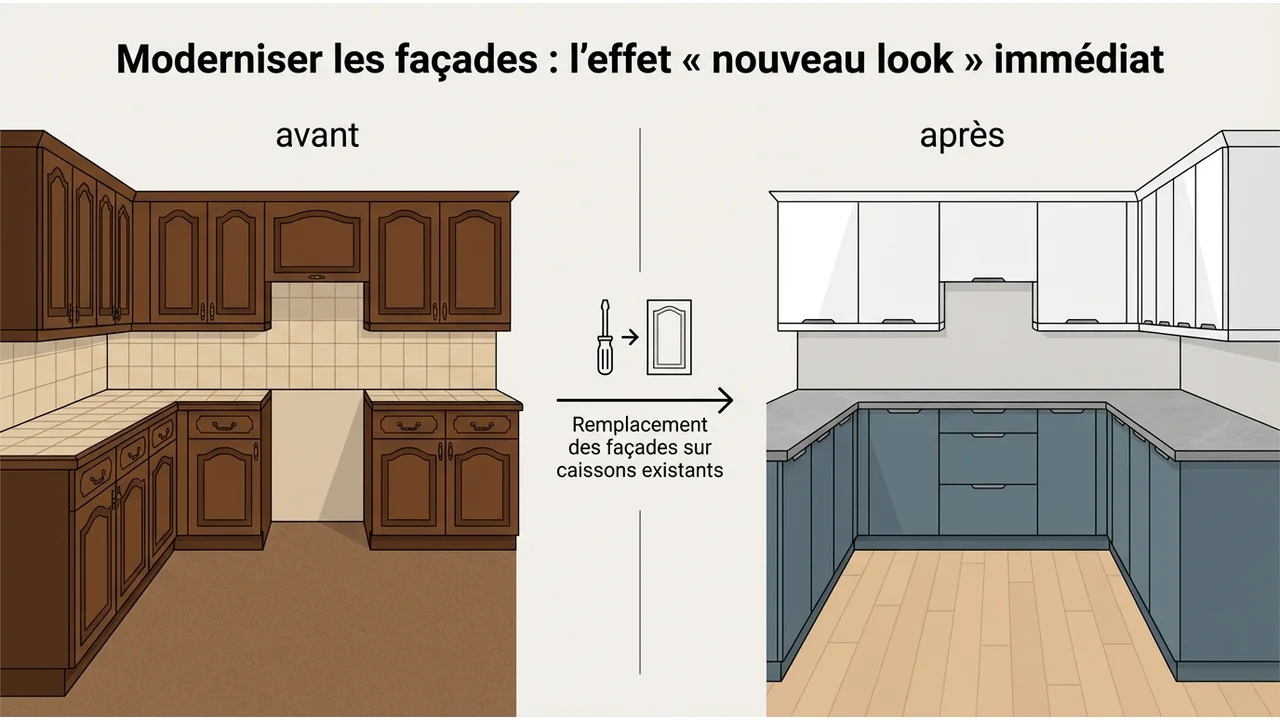 Montage visuel montrant à gauche une cuisine ancienne avec des façades en bois sombre et à droite la même cuisine modernisée avec des façades lisses bleu nuit et des poignées dorées.