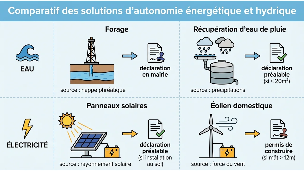 Tableau comparatif présentant le forage, la récupération d'eau de pluie, les panneaux solaires et l'éolien domestique.