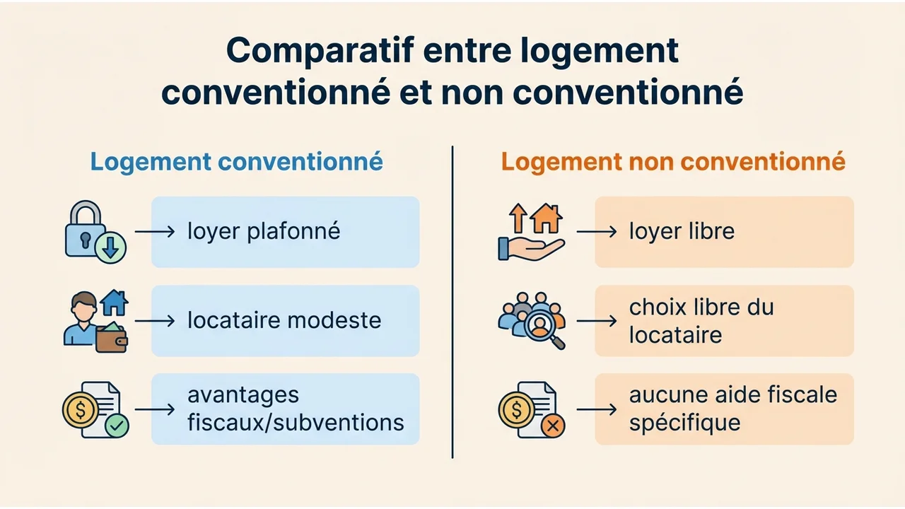 Tableau comparatif montrant les différences de loyer, de choix du locataire et d'avantages fiscaux entre un bail conventionné et un bail libre.