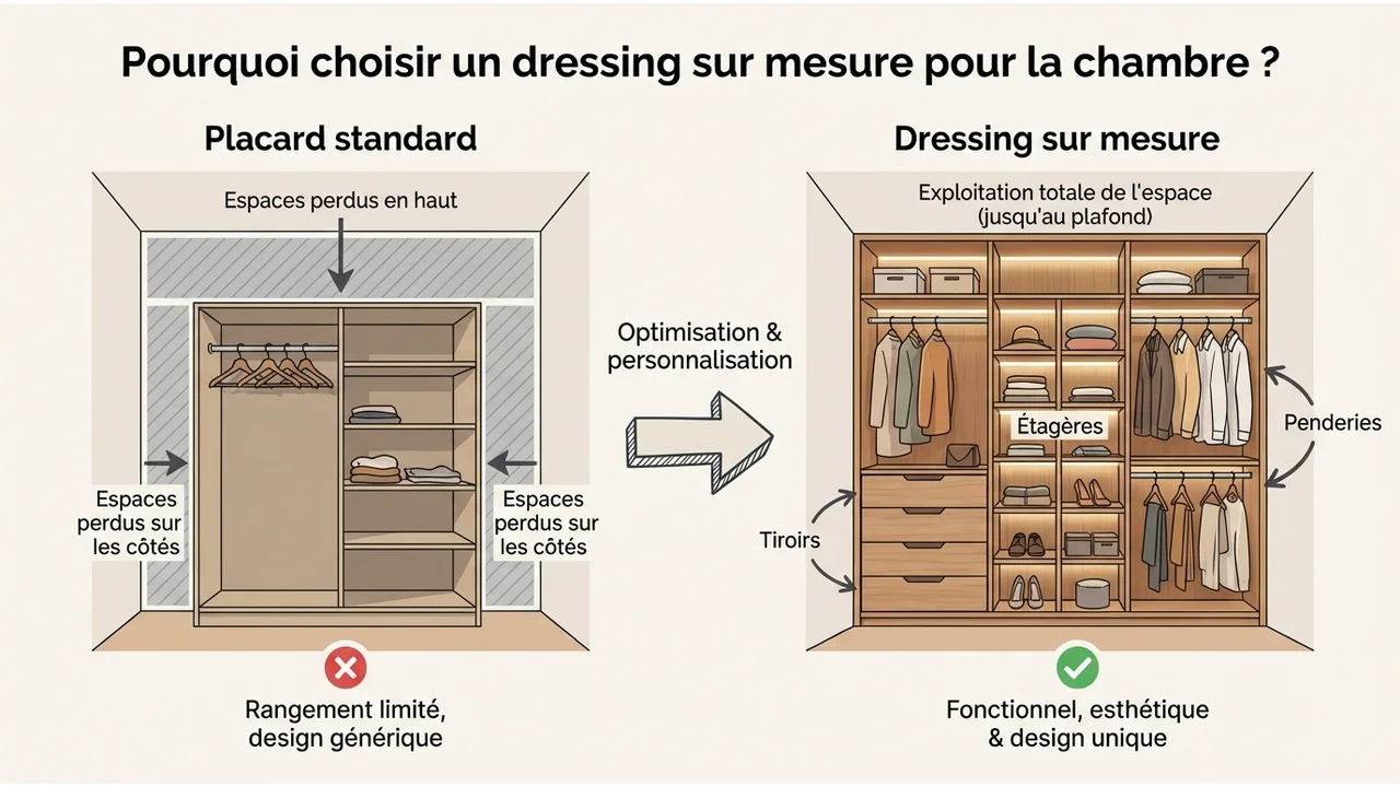 Tableau comparatif montrant les limites d'un meuble standard face à la flexibilité totale du sur-mesure.