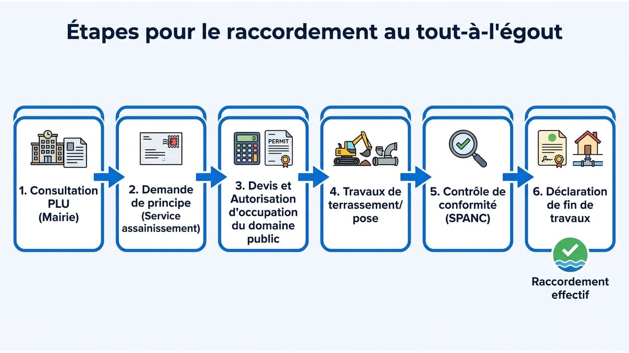 Infographie en étapes montrant le processus complet du raccordement, de la mairie au contrôle de conformité.