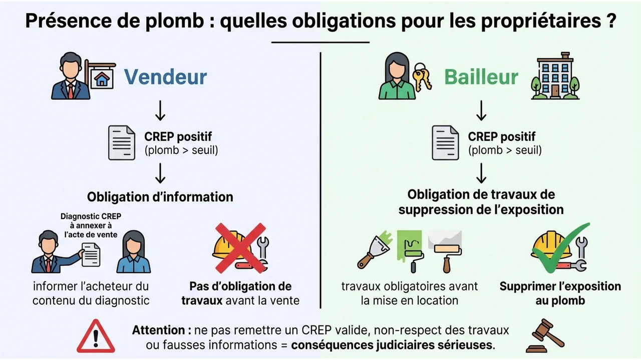 Comparaison visuelle montrant que le vendeur informe l'acheteur alors que le bailleur doit effectuer des travaux.