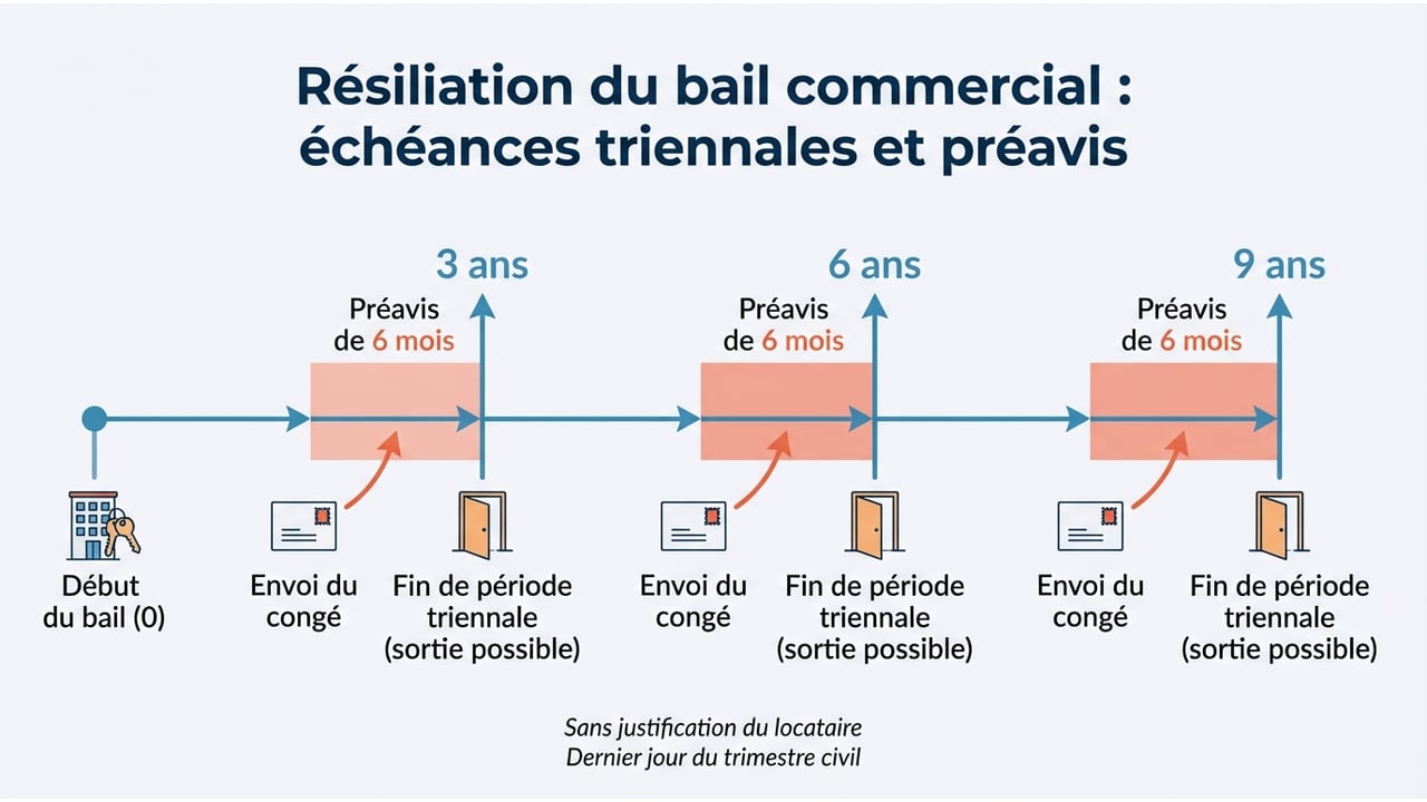 Schéma temporel montrant les échéances de 3, 6 et 9 ans d'un bail commercial et la période de préavis associée.