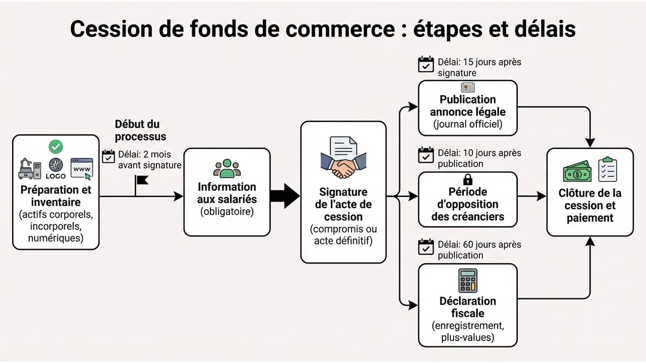 Diagramme circulaire montrant les 5 étapes : préparation, information des salariés, signature de l'acte, publications légales et déclarations fiscales finales.