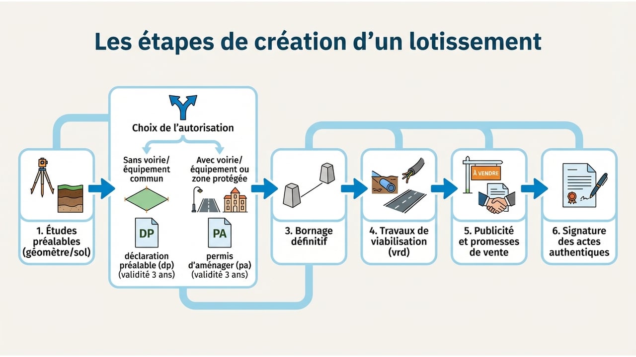 Infographie montrant les 6 étapes clés du projet de lotissement, de l'étude de faisabilité à la vente des lots.