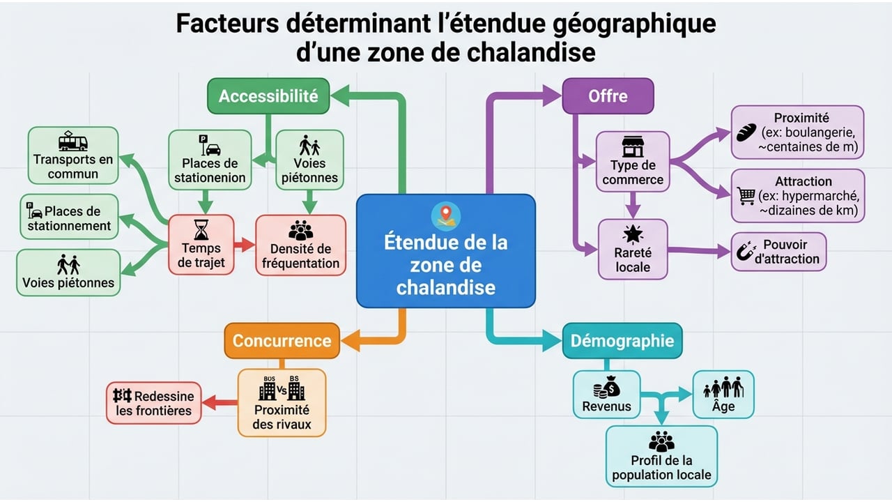 Carte mentale illustrant les facteurs d'influence : accessibilité, attractivité de l'offre, pression concurrentielle et profil démographique.