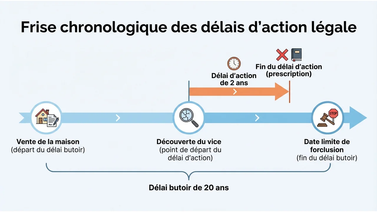 Ligne du temps montrant le délai de 2 ans après découverte et le délai butoir de 20 ans après la vente.