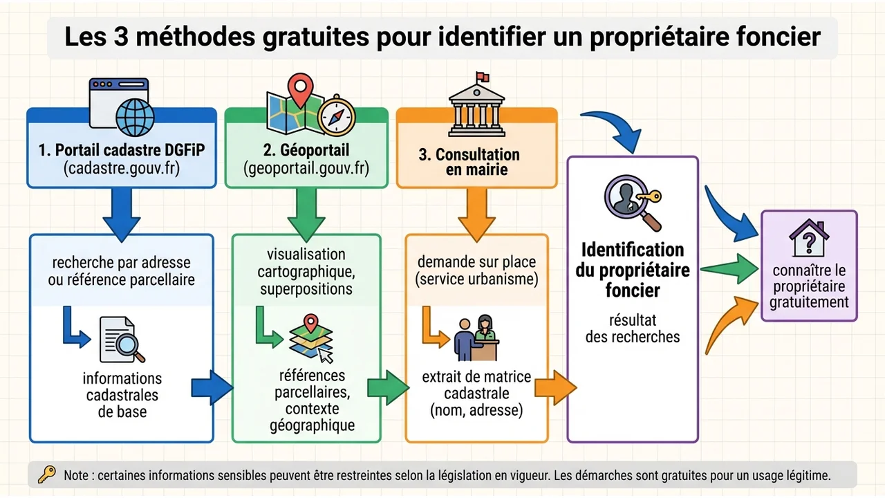 Infographie présentant les trois options gratuites : le portail du cadastre DGFiP, l'outil Géoportail et la consultation directe en mairie.