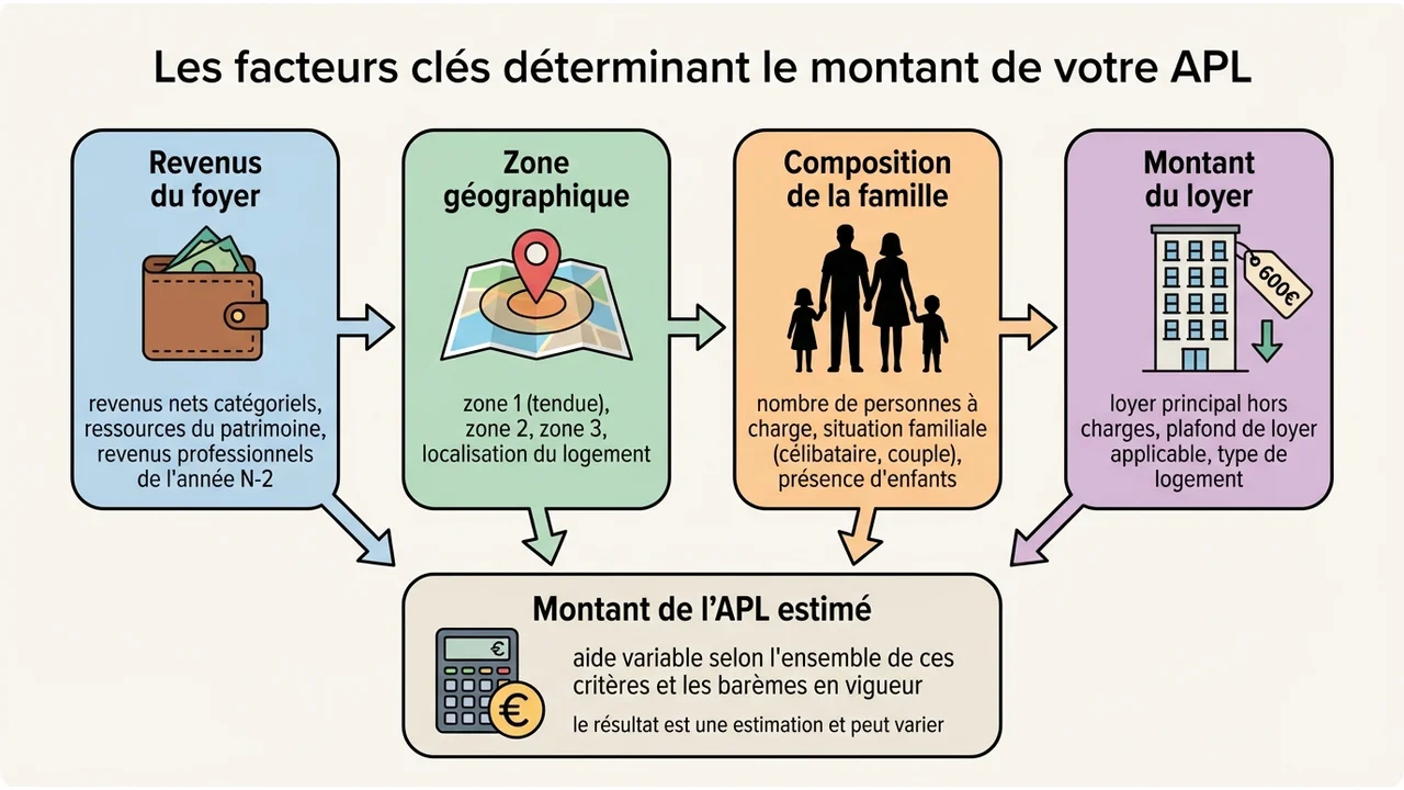 Infographie résumant les 4 éléments impactant l'APL : revenus du foyer, zone géographique, composition de la famille et montant du loyer.