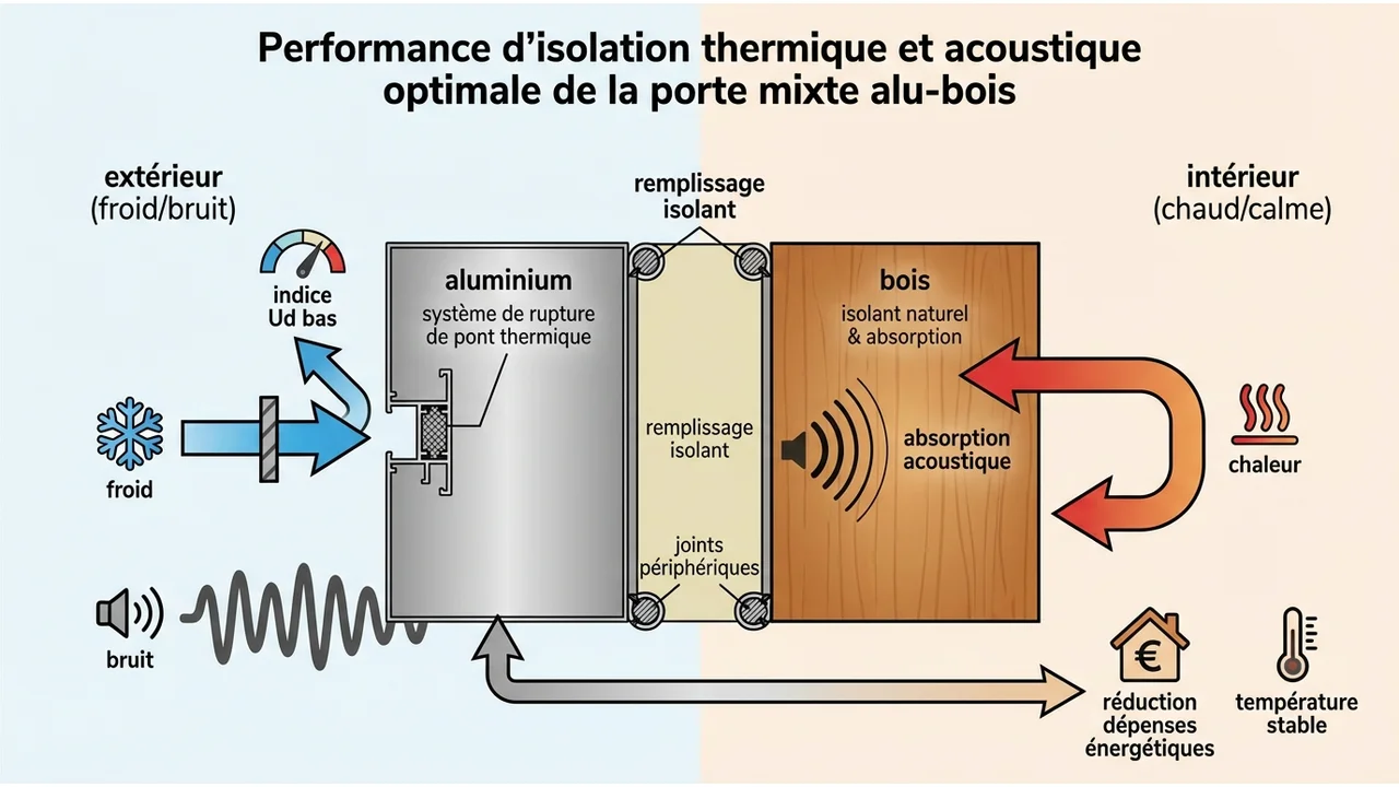 Schéma technique expliquant comment la combinaison bois et aluminium bloque le froid et le bruit.