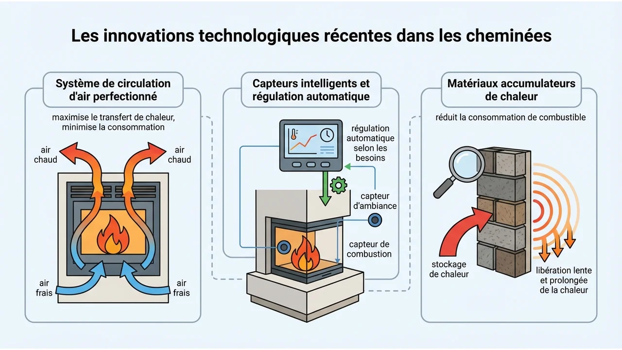 Schéma en coupe d'une cheminée moderne montrant le flux d'air optimisé et l'intégration de capteurs numériques.