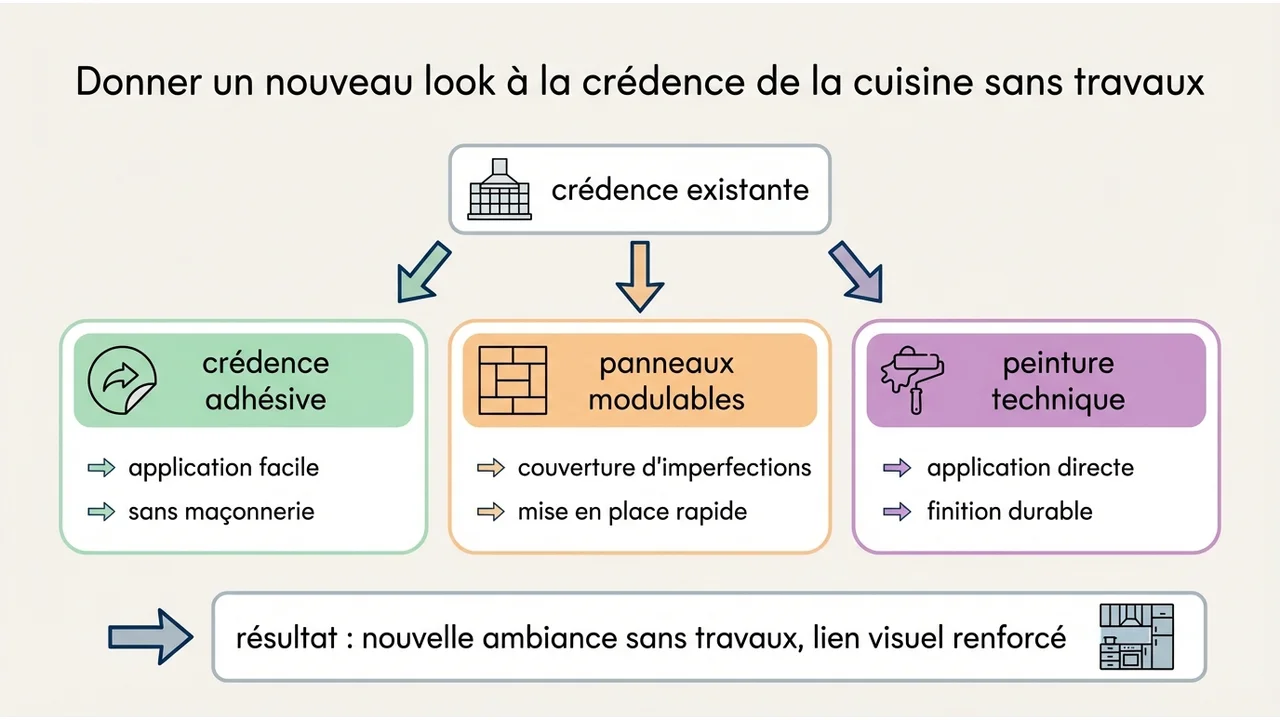 Schéma explicatif montrant l'application de carrelage adhésif et de panneaux modulables directement sur une ancienne crédence.