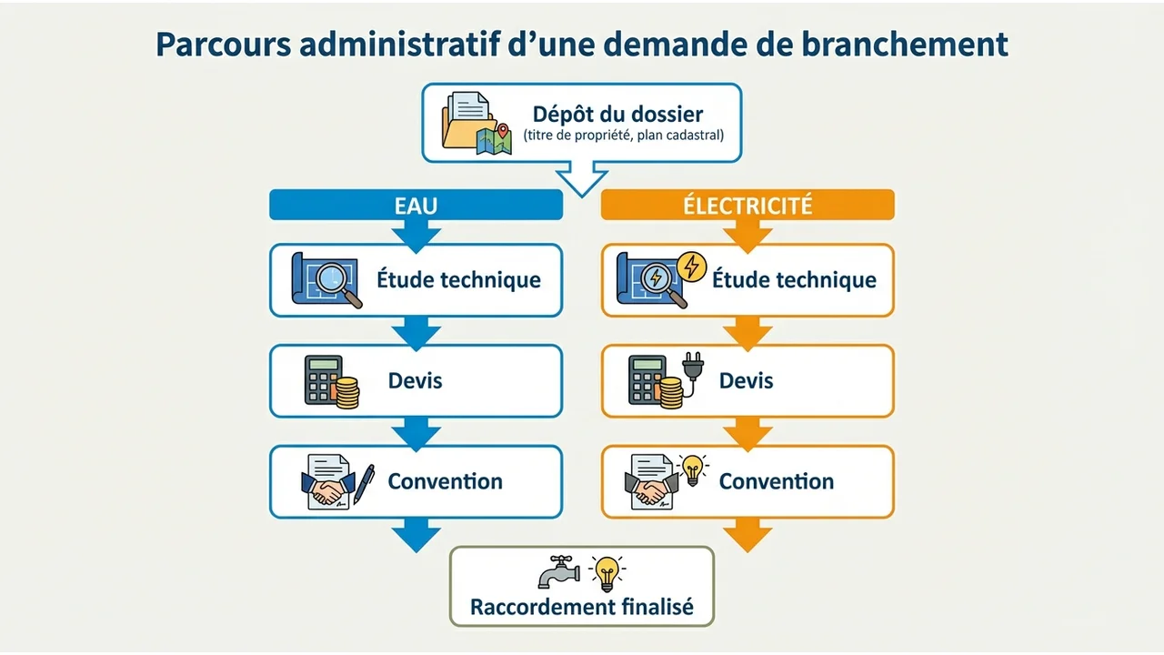 Diagramme des étapes : du dépôt du dossier avec titre de propriété et plan cadastral jusqu'à la signature de la convention de raccordement.