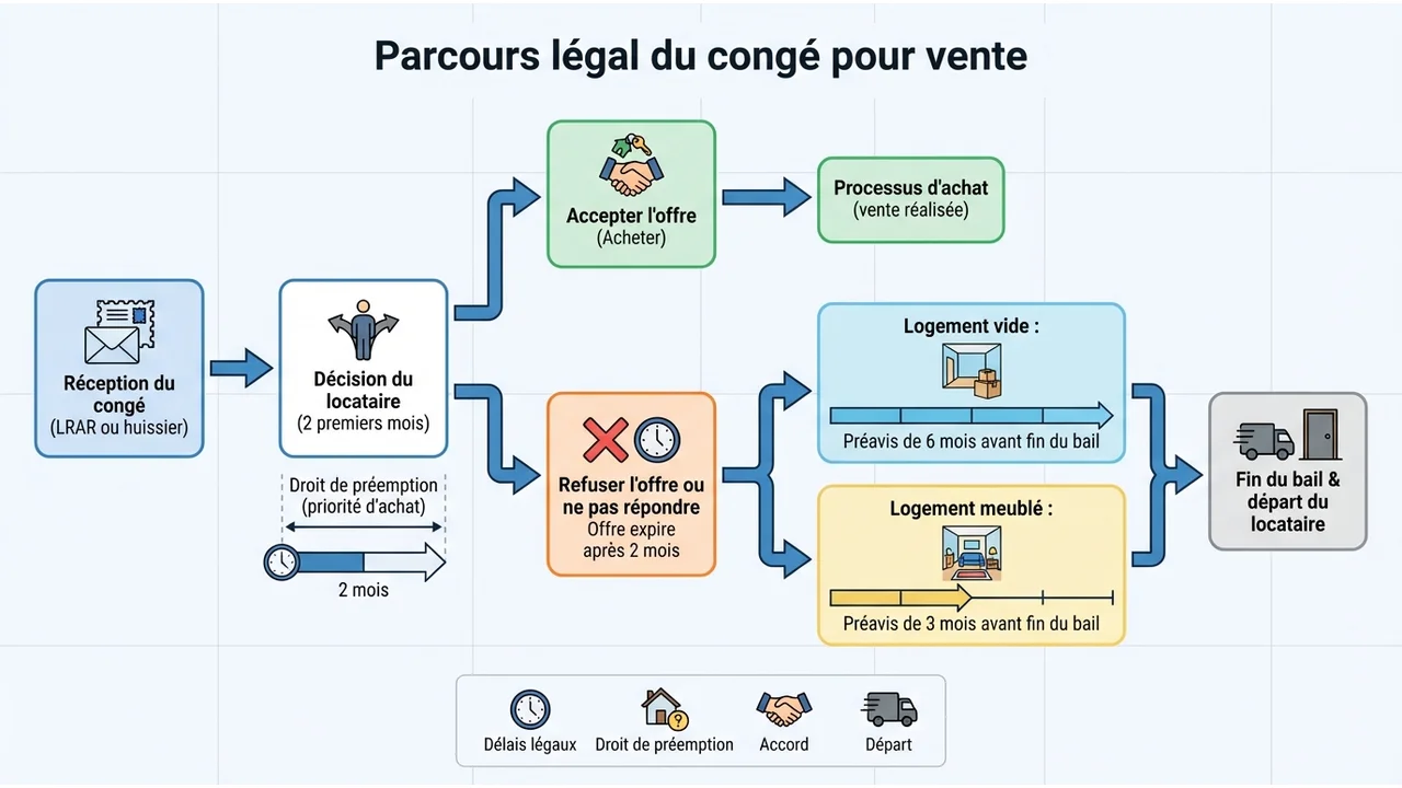 Schéma montrant les étapes du congé pour vente : envoi de la LRAR, période du droit de préemption de 2 mois et délais de préavis selon le type de bail.