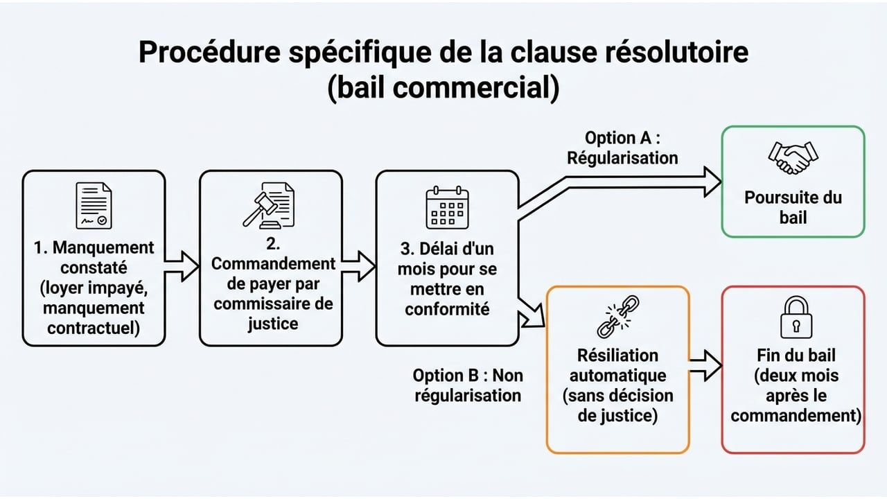 Diagramme des étapes de la clause résolutoire : du manquement à la résiliation automatique du bail.
