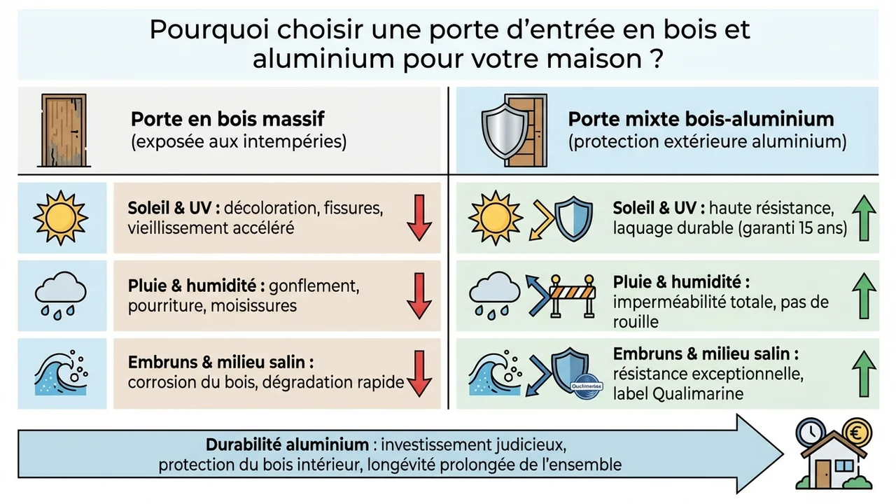 Comparatif visuel de la tenue face aux UV, à la pluie et au sel entre l'aluminium Qualimarine et les autres matériaux.