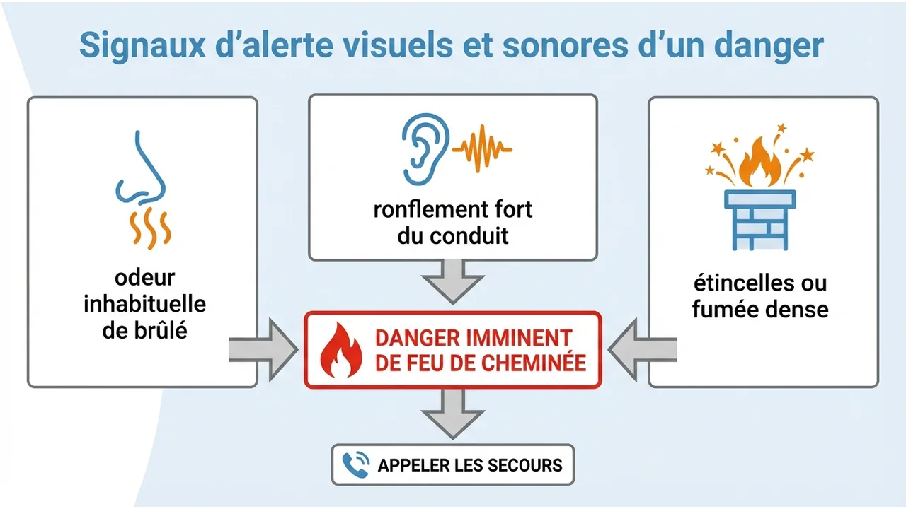 Diagramme explicatif montrant les 3 signes critiques : odeur suspecte, ronflement du conduit et étincelles.