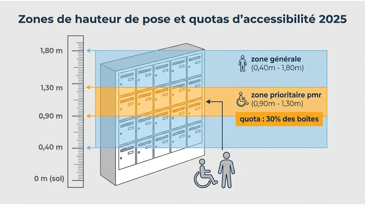 Diagramme montrant les hauteurs réglementaires de pose au sol, avec un focus sur la zone PMR située entre 0,90 m et 1,30 m.