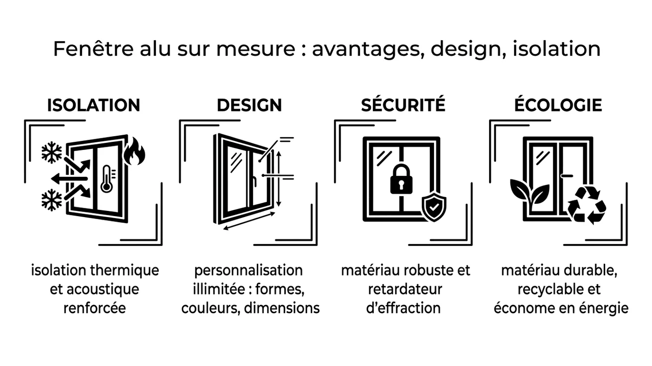 Infographie résumant les points forts de l'aluminium : finesse des profils, isolation thermique moderne, durabilité de 35 ans et recyclabilité infinie.