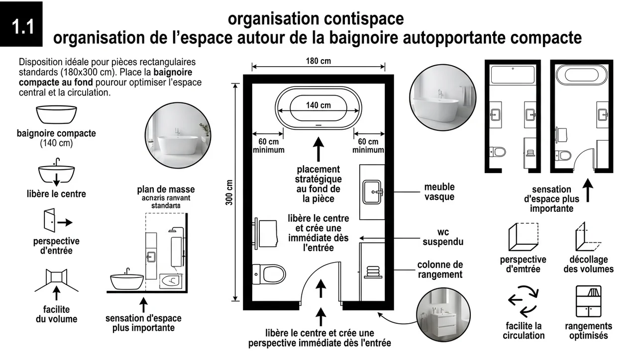 Plan 2D d'une salle de bain rectangulaire montrant la baignoire au fond et le meuble double vasque latéral.
