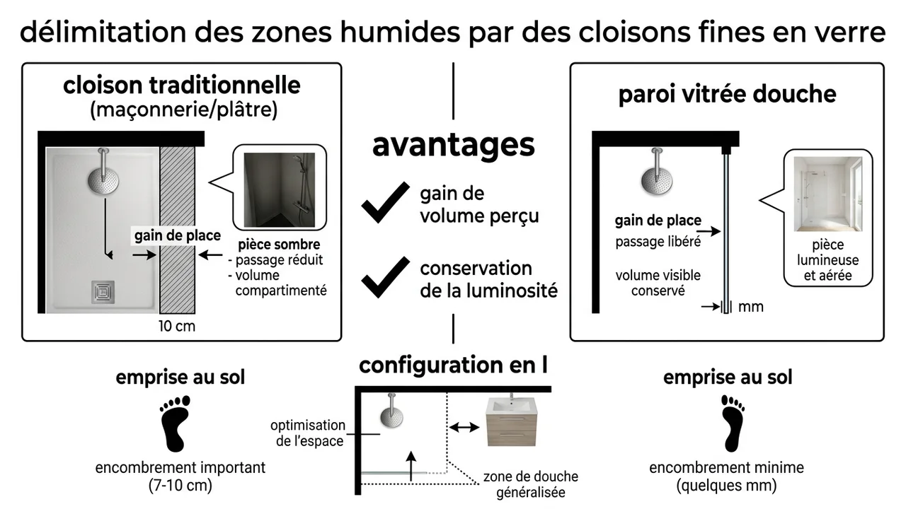 Diagramme comparatif montrant l'épaisseur d'une paroi vitrée de 8mm face à une cloison de 7cm.