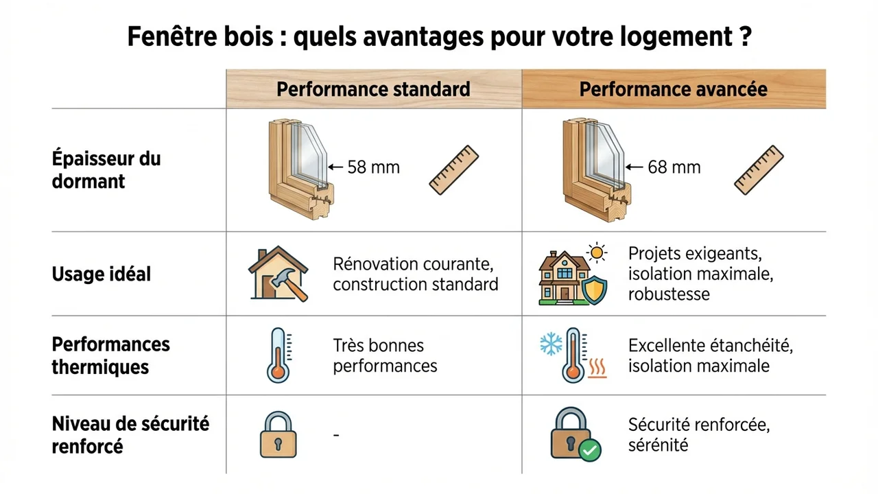 Tableau comparatif des performances entre un dormant de 58 mm pour la rénovation standard et un dormant de 68 mm pour la haute performance et sécurité.