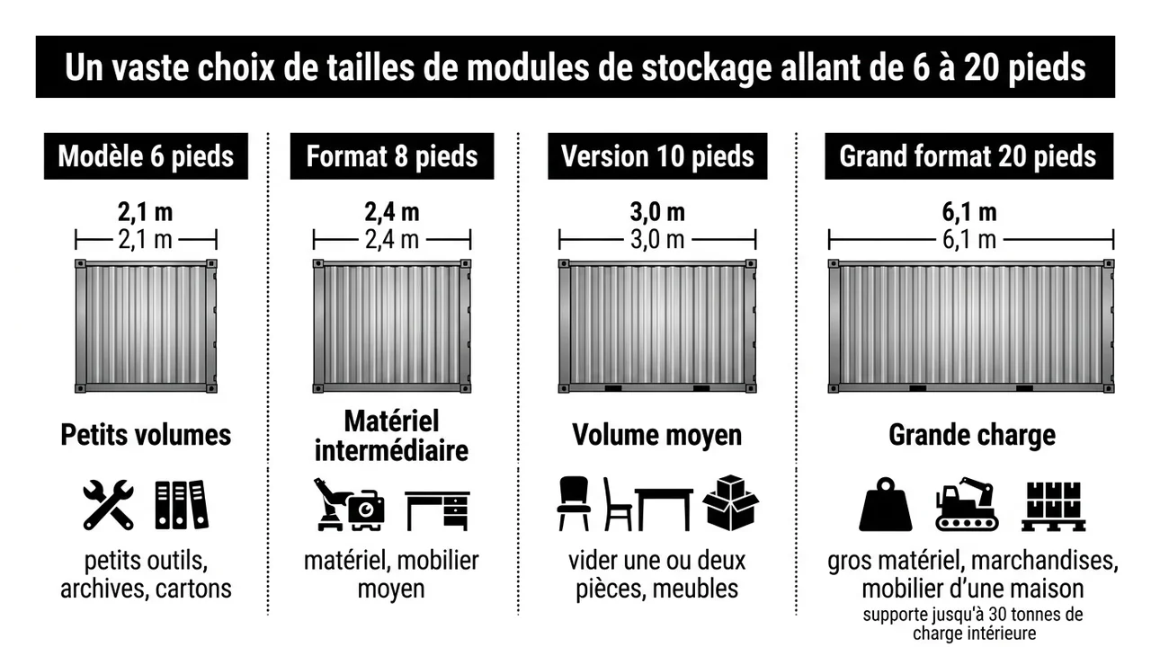 Schéma comparant les dimensions des conteneurs de 6, 8, 10 et 20 pieds mis à l'échelle.