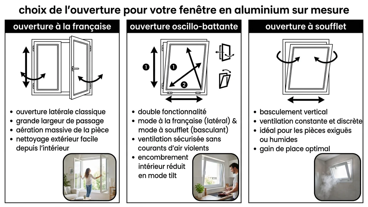 Schéma présentant trois fenêtres avec des flèches directionnelles : ouverture latérale (française), bascule haute (oscillo-battant) et ouverture par le haut (soufflet).