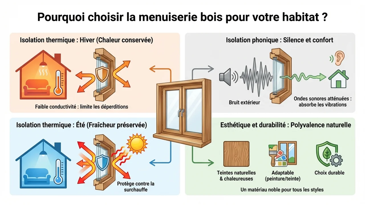 Schéma montrant la structure cellulaire du bois qui bloque les flux thermiques et absorbe les ondes sonores.