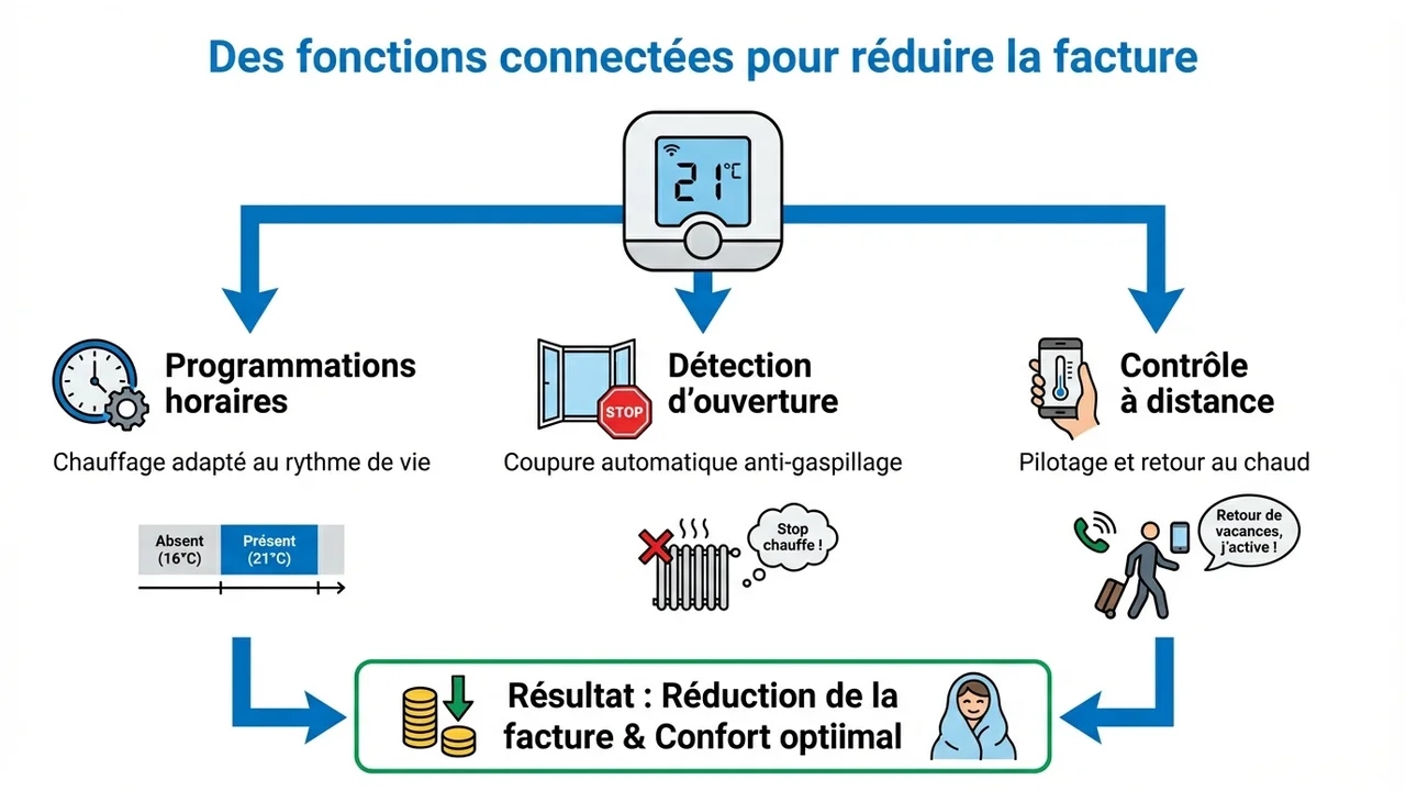 Infographie présentant la programmation, la détection d'ouverture de fenêtre et le contrôle à distance.