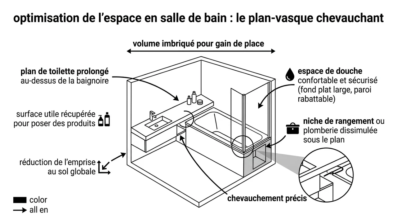 Dessin technique montrant comment le plan de toilette surplombe le pied de la baignoire pour gagner de la place.