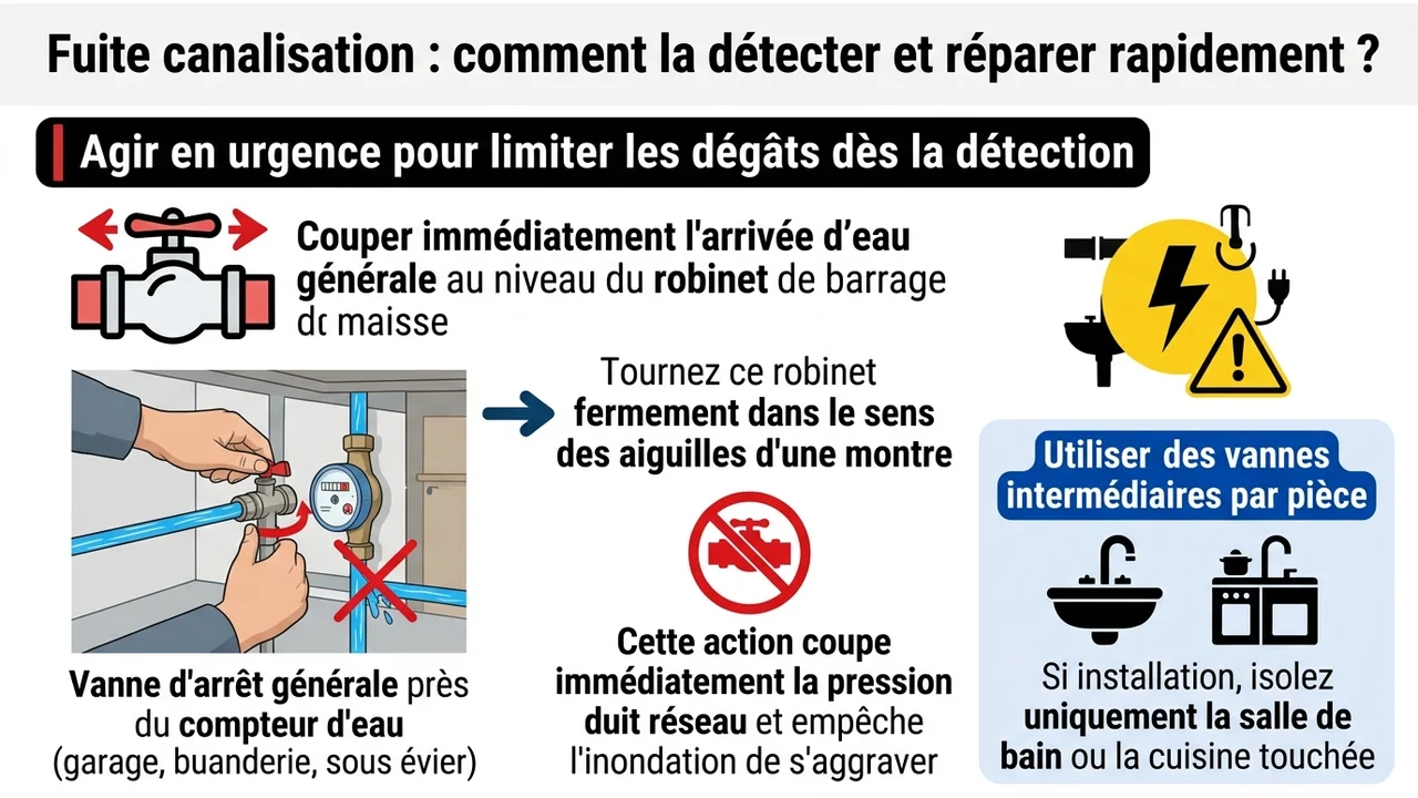 Illustration montrant une main fermant une vanne d'arrêt, l'ouverture d'un robinet bas pour la purge et un doigt abaissant un disjoncteur électrique.