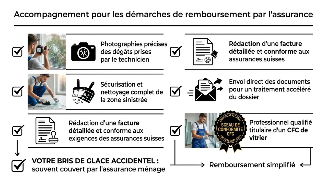 Checklist visuelle des documents à fournir à l'assurance ménage incluant les photos du sinistre, le devis détaillé et la facture acquittée du vitrier.