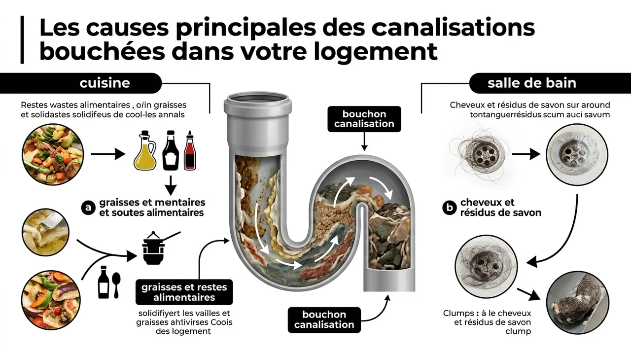 Infographie montrant une coupe de tuyau avec différents types de bouchons : amas de cheveux, graisses figées, calcaire et lingettes.