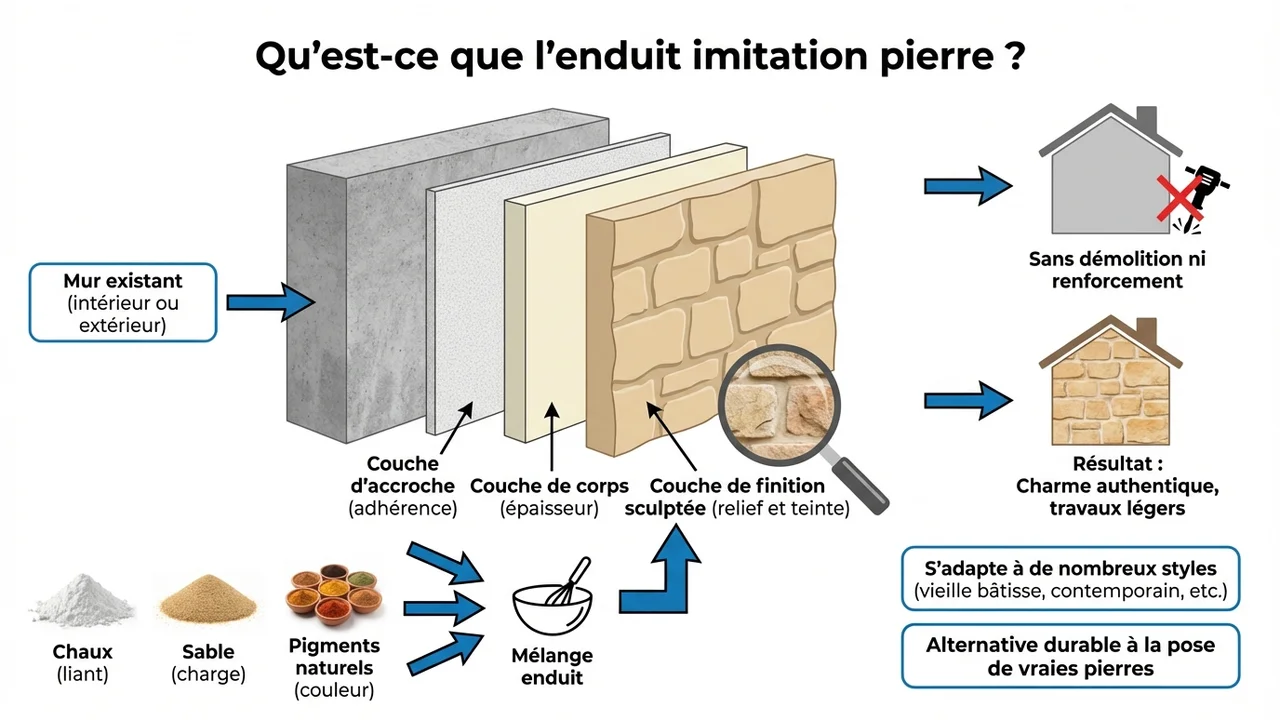 Schéma détaillé des couches composant le revêtement : support, sous-couche d'accroche, enduit à la chaux sculpté et pigments naturels de finition.