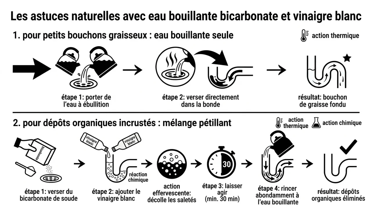 Schéma en 4 étapes montrant le versement du bicarbonate, l'ajout du vinaigre, le temps de pose et le rinçage final.