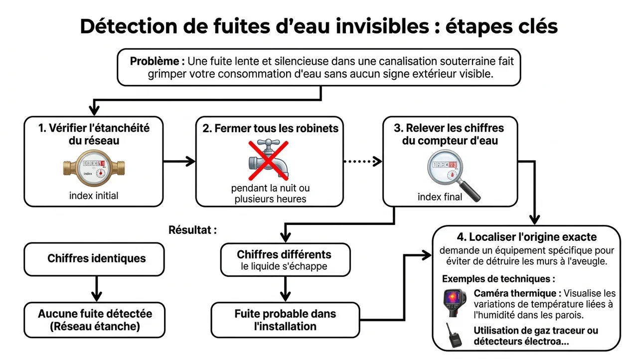 Diagramme circulaire montrant le relevé du compteur le soir, l'interdiction d'utiliser l'eau la nuit et le contrôle du relevé au matin.