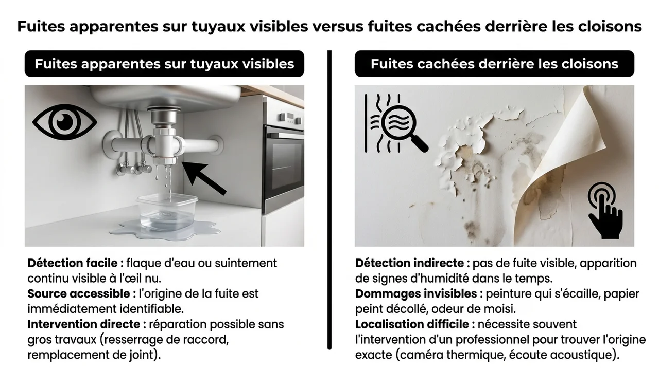 Infographie comparative montrant à gauche un siphon d'évier qui goutte et à droite un mur avec de la peinture qui s'écaille et des traces de moisissures.