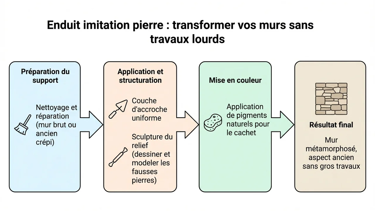 Diagramme de flux montrant le cycle de travail : préparation du mur, application de l'enduit, sculpture des formes de pierres et patine finale.