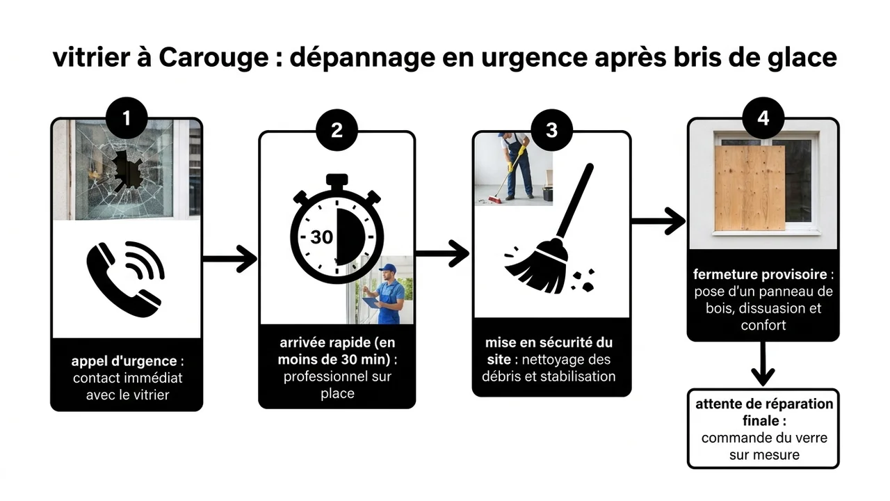 Diagramme montrant les étapes d'intervention d'urgence : appel du client, arrivée en moins de 30 minutes, nettoyage des débris, et pose d'une fermeture provisoire.