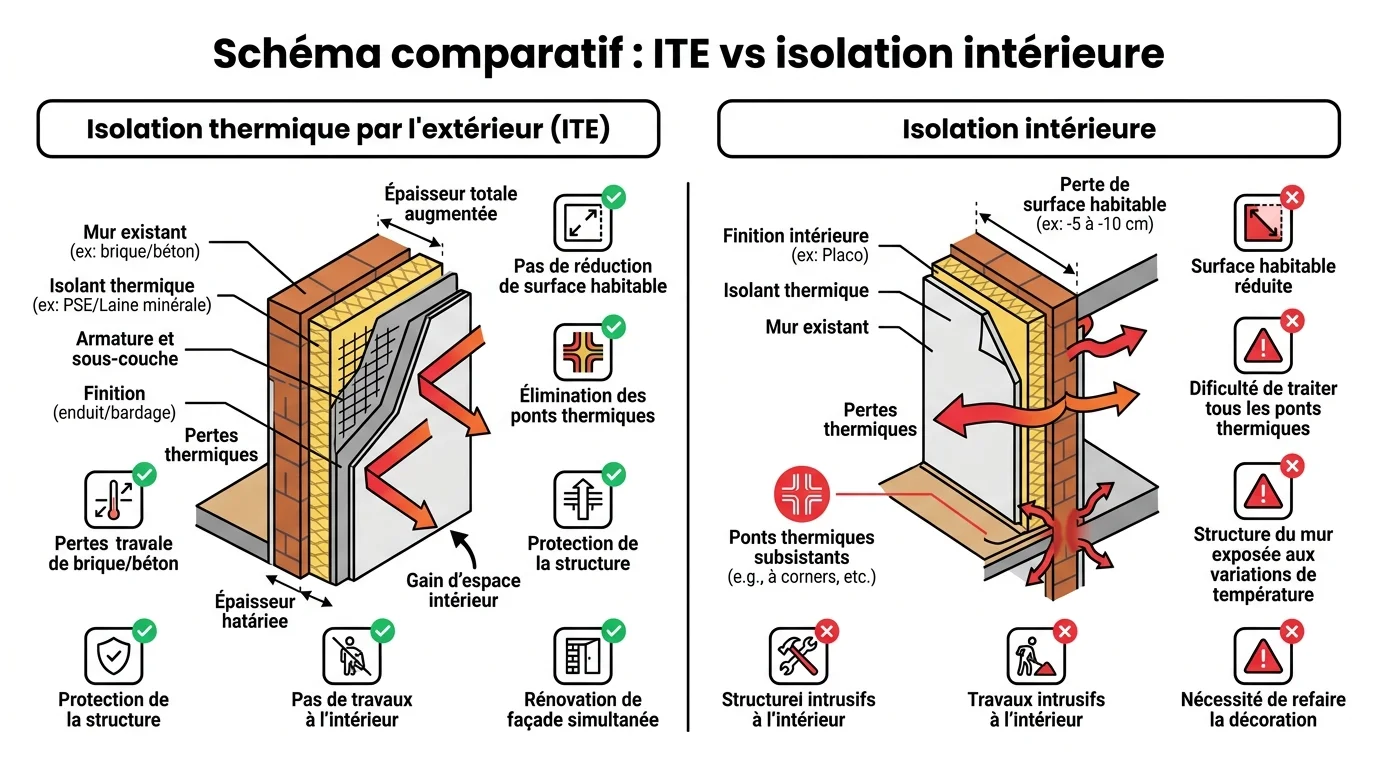 Schéma comparatif : ITE vs isolation intérieure