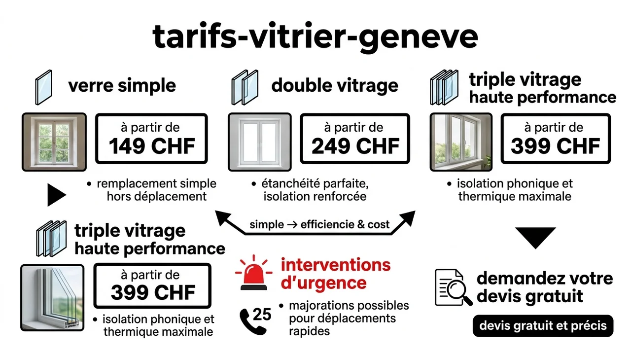 Infographie présentant les tarifs de base à Carouge : vitre simple 149 CHF, double vitrage 249 CHF, triple vitrage 349 CHF et forfait urgence 180 CHF.